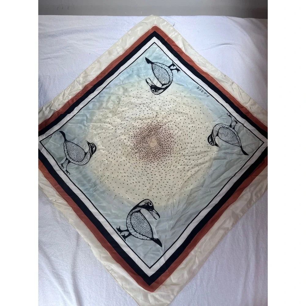 Vintage Bird Graphic Square Scarf Cream Orange Black 34.5 In. Silk Like Folk Art